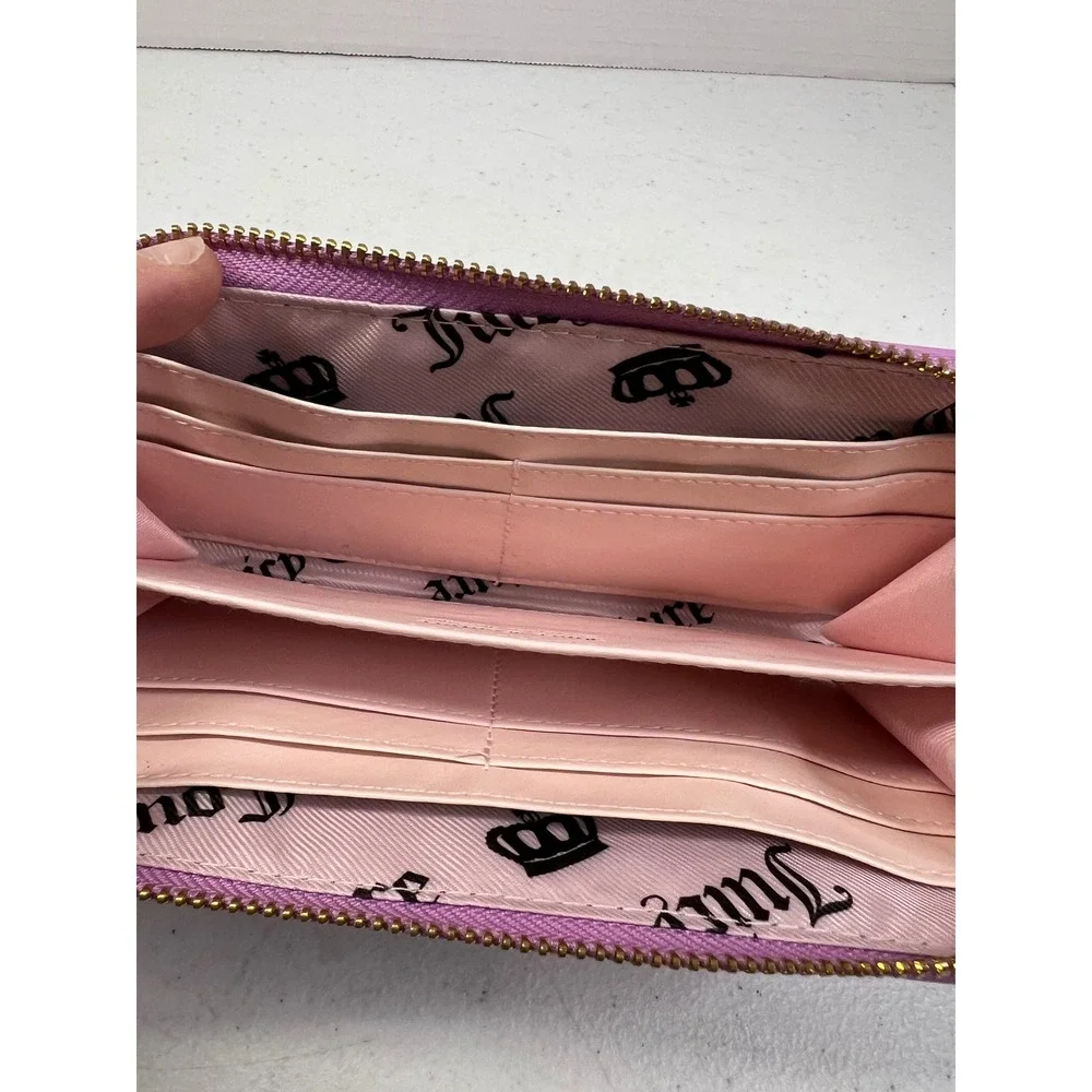 Juicy Couture Purple Quilted Velour Bow Zip Around Wallet Gold Heart Charm 8x4in